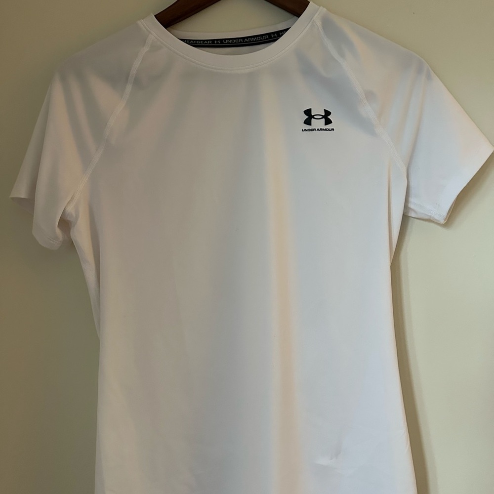 Women’s Under Armour White Short Sleeve HeatGear Tee with Black Logo